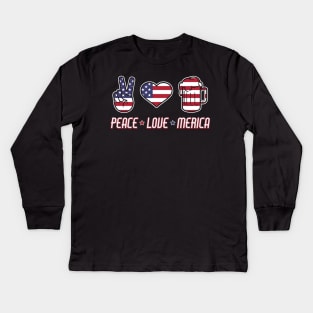 Peace Love Merica American Flag 4th of July Kids Long Sleeve T-Shirt